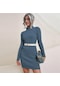 Kadın Balıkçı Yaka Uzun Kollu Örgü Gerilebilir Esneklik İnce Kazak Bodycon Kazak Elbise Mavi