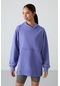 Tommy Life Eflatun Balon Kol Yazı Nakışlı Kadın Oversize Tunik Sweatshirt - 97163 Eflatun