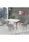 Haman 4 Adet Elif Serisi Nubuk Kumaş Ahşap Gürgen Ayaklı Sandalye Ve 80x130 Açılabilir Mutfak Masa Takımı Kazayaği Siyah-beyaz