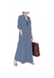 2024 Kadın Pamuk Ve Keten Düz Renk Yaka Uzun Kollu Cep Basit Gevşek Günlük Uzun Gömlek Elbise - Koyu Mavi