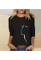 Siyah Pu Kadın Sonbahar Kış Üstleri Gevşek Kedi Baskı Nedensel Uzun Kollu T-shirt Üst Bluz Siyah
