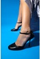 Luvishoes Julıa Siyah Cilt Yuvarlak Burun Bilekten Bağlamalı Kadın Yüksek Topuklu Ayakkabı