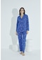 Elitol Kadın Düğmeli Deseni Pijama Takımı Gömlek Yaka 958- Saks Mavi
