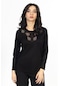 Yeni Model Nakış İşlemeli Yuvarlak Yaka Likralı Anne Penye Bluz 6440-siyah
