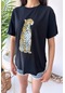 Kısa Kol Leopar Baskılı Kadın T-shirt - Siyah