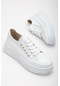 Kalın Taban Tek Sıra Taşlı Bağcıklı Beyaz Kadın Spor Ayakkabı-2850-beyaz