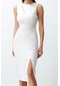 Moda Stil Fitted Bisiklet Yaka Midi Boy Bridal Pencere Cut Out Detaylı Dokuma Elbise Beyaz