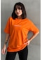 Kadın Vintage Baskılı Bisiklet Yaka Oversize T-shirt Turuncu