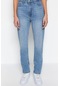Kadın Moda Şık Kot Pantolon Boru Paça Regular Boy Denim Mavi Yüksek Bel Straight Jeans Mavi