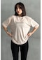 Kadın Vintage Baskılı Bisiklet Yaka Oversize T-shirt Bej