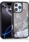 İphone 14 Pro Max Uyumlu Kılıf Sıvılı Simli Kelebek Baskılı Şeffaf Arka Yüzey Zore Glis Silikon Kapa Siyah