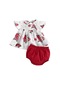 Kırmızı Bebek Kız Yaz Kıyafet Setleri Kısa Kollu O Boyun Çiçekli Üstler + Düz Renk Pp Şort