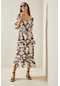 Xhan Kahverengi Desenli Gipe Detaylı Etek Ucu Fırfırlı Örme Elbise 5yxk6-48509-18