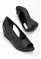Dolgu Taban Burun Açık Pencereli Ortopedik Suni Deri Siyah Kadın Dolgu Topuk Ayakkabı-2785-siyah