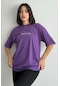 Kadın Vintage Baskılı Bisiklet Yaka Oversize T-shirt Mor