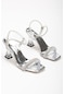 Kalın Tekbant Taşlı Ayna Malzeme Gümüş Kadın Şeffaf Topuklu Abiye Ayakkabı-2726-gümüş