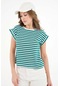 Yeşil Çizgili Bisiklet Yaka Japone Kol Basic T-shirt Yeşil