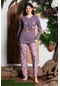 Kadın Yuvarlak Yaka Love Desen Penye Pijama Takımı 200832-bordo-mürdüm