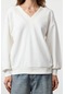 Kadın Moda Şık Bol V Yaka Düşük Kol Uzun Geniş Kalıp Kalın V Yaka Örme Sweatshirt Ekru