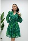 Şifon Kumaş Beli Lastikli Mini Elbise - Yeşil