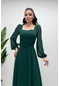 Şifon Kumaş Kare Yaka Kiloş Elbise - Zümrüt Yeşil