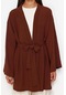 Moda Dokuma Rahat Kalıp Midi V Yaka Düşük Kol Keten Görünümlü Kruvaze Tesettür Giyim Kimono Kaftan Kahverengi