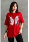 Kadın Çiçekli Kelebek Baskılı Bisiklet Yaka Oversize T-shirt Kırmızı