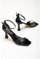 Büyük Numara Tek Bant Yılan Baskılı Rugan Siyah Kadın Topuklu Sandalet-2977-siyah
