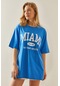 Xhan Mavi Bisiklet Yaka Yazılı Oversize Midi T-shirt 5yxk1-48008