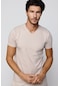 Tudors Slim Fit V Yaka Düz Basıc Kısa Kol Taş Rengi T-Shirt-28775-Taş