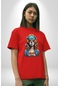 Hippie Cesur Stil Dövmeli Kız Pamuklu Bisiklet Yaka Unisex Oversize Boyfriend Dijital Baskılı Kırmızı T-shirt Kırmızı