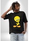 Twity Pamuklu Bisiklet Yaka Unisex Oversize Boyfriend Dijital Baskılı Siyah T-shirt Siyah