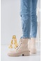 Nude Cilt Kadın Topuklu Bot Kışlık Şık Diz Altı Bağcıklı Fermuarlı Kalın Tabanlı Ortaboy Yarım 4 Cm - 37