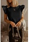 Kadın's Yaz Tek Renk Arka Derin Askılı Fırfırlı Kısa Kollu Tişört Siyah
