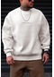 Erkek Kırık Beyaz Krem Ekru Dreamer Baskılı 0 Sıfır Yaka Oversize Salaş Bol Kesim Polar Sweatshirt-ekru-5 Ekru