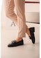 Fusy Siyah Deri Zincirli 3cm Günlük Kullanım Loafer Kadın Ayakkabı