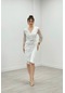 Krep Kumaş Dantel Detaylı Kalem Elbise - Beyaz
