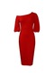 Ikkb Yeni Düz Renk Eğik Omuz Kabarık Kollu Elbise Kırmızı