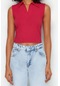 Moda Polo Yaka Örme Slim Düz Desen Casual Günlük Crop Kolsuz Bluz FUŞYA
