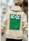 Ac Dc Baskılı Kapüşonlu Sweatshirt Bej