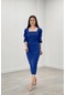 Örme Krep Kumaş Kare Yaka Yırtmaçlı Elbise - Saks Mavi