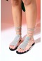 Luvishoes Pesca Gümüş Taşlı Bilekten Bağlamalı Kadın Sandalet Gümüş