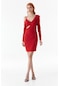 Fullamoda Dekolteli V Yaka Mini Elbise- Kırmızı 24YGB5949205200-Kırmızı
