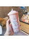 Yaratıcı Kore Plastik Bardak Çift Katmanlı Büyük Kapasiteli Saman Ins Su Isıtıcısı Kız Ev Ofis Kahvaltı Süt Meyve Suyu Fincanı-550Ml 9298Pink