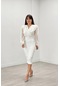 Krep Kumaş İnci Detaylı Kolları Tül Kalem Elbise - Beyaz