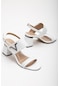 Kalın Bantlı Topkalı Cilt Beyaz Kadın Topuklu Sandalet-2902-beyaz