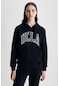 Rıley Siyah Kapüşonlu Nakışlı Standard Fit Kadın Sweatshirt Siyah