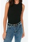Moda Bisiklet Yaka Triko Slim Düz Desen Casual Günlük Crop Kolsuz Bluz Siyah