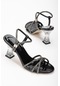 Çapraz Taşlı Ayna Malzeme Siyah Kadın Şeffaf Topuklu Abiye Ayakkabı-2716-siyah