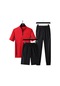 Ikkb Erkek 3 Parçalı Rahat Dik Yaka Kısa Kollu Tişört Pantolon Şort Spor Takım - Kırmızı